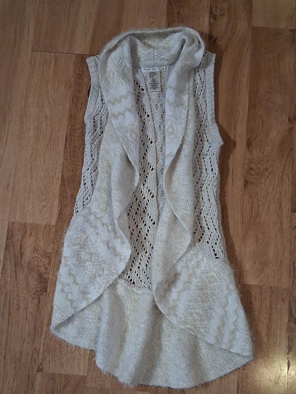 Max Studio Cozy Open-Front Cream Knit Sleeveless Cardigan Fur Collar Vest